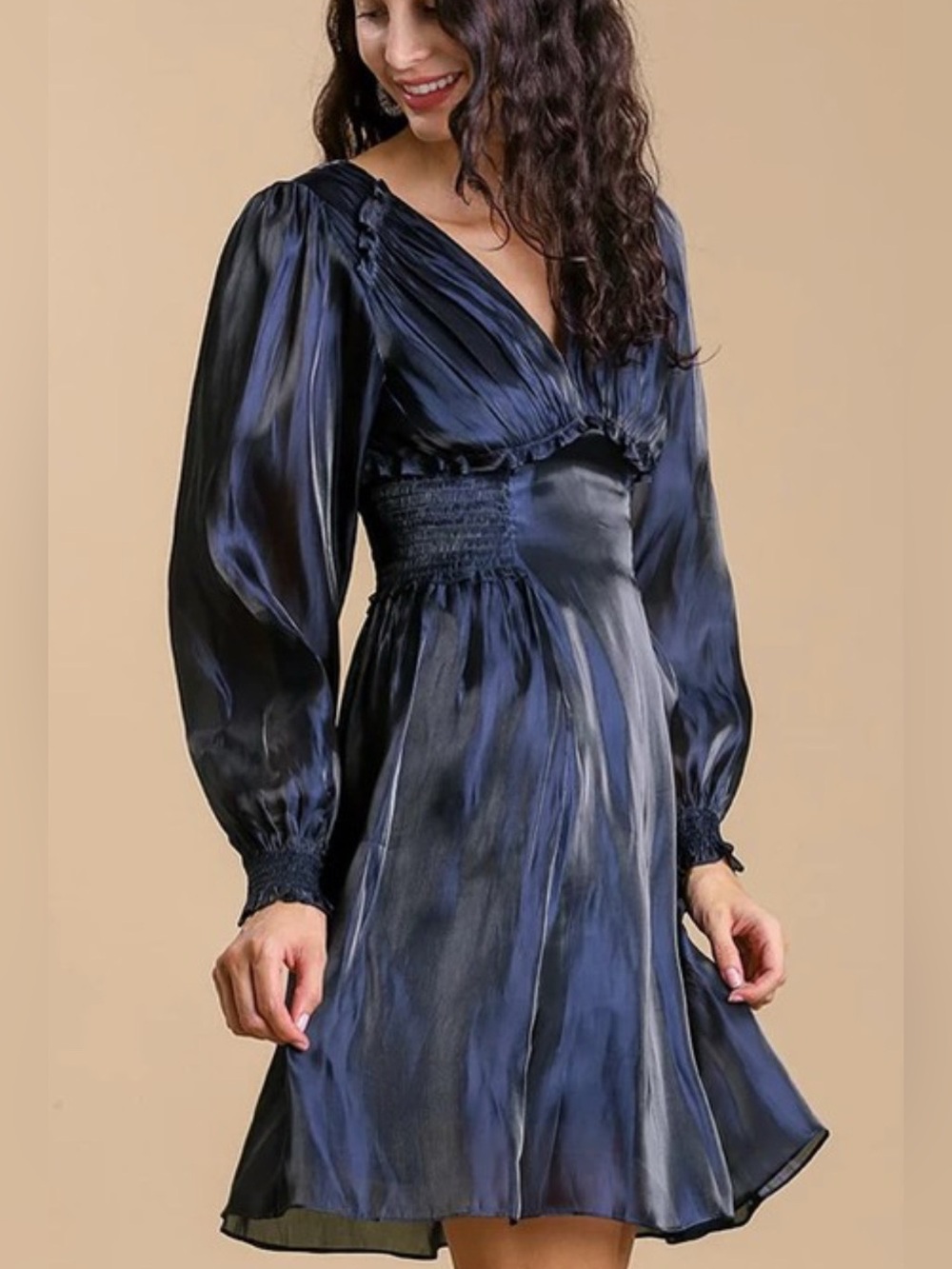 NWT Umgee Navy Satin Dress organza-type satin Mini fit Flair a-line party XS S M